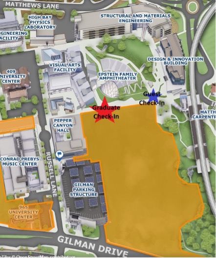 Image of check-in locations for the Herbert Wertheim School of Public Health and Human Longevity Science 2025 Commencement